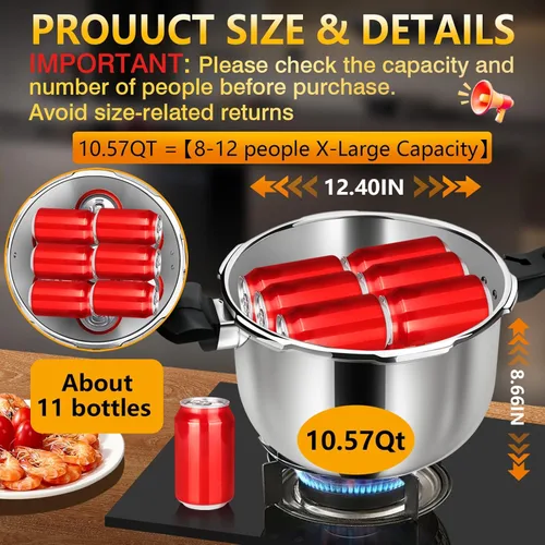 Miniatura 4 de Bote de olla a presión de acero inoxidable de 10.57 cuartos de galón, extragrande, grado comercial, cocción rápida, duradera y segura, compatible