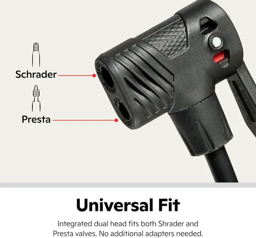 Miniatura 18 de Schwinn Serie Air Center o bomba de piso básica, para una gama de bicicletas, 100, 120 o 160 PSI, mango de agarre suave, cabezal doble para válvulas
