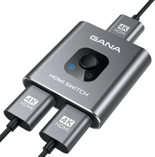 Conmutador HDMI 4K@60Hz Divisor, GANA Conmutador HDMI Bidireccional de Aluminio 2 en 1 Salida, Hub HDMI Manual Soporta HD Compatible con Xbox Gris