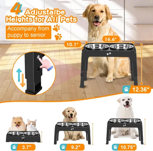 Miniatura 2 de COMESOON - Tazones elevados para perros, soporte elevado de 4 alturas ajustables con 2 tazones gruesos de acero inoxidable de 50 onzas, Negro