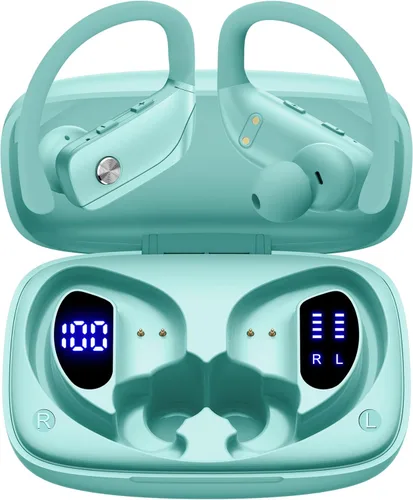 bmani Ear Buds - Auriculares inalámbricos Bluetooth con pantalla LED de 80 horas de reproducción, gancho sobre la oreja con micrófono, sonido Verde