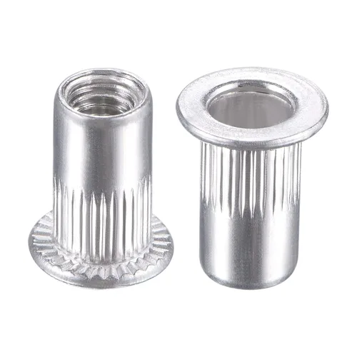 Miniatura 6 de uxcell Tuercas de remache M3 aleación de aluminio moleteado cabeza plana roscada tuerca de inserción plateada 50pcs