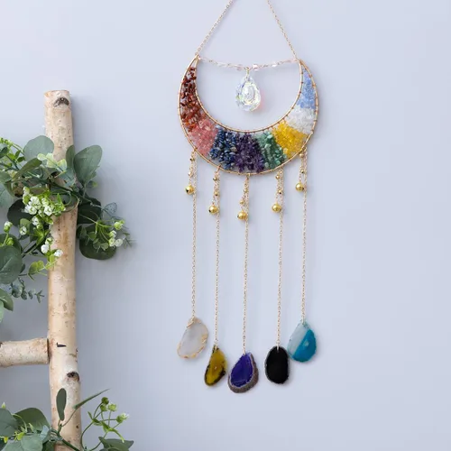 Miniatura 7 de Adorno de Ágata de Piedra de Cristal Gema Natural Árbol de la Vida Luna Atrapasueños con Cristal 7 Chakra Piedras Preciosas Atrapasueños de Arcoíris