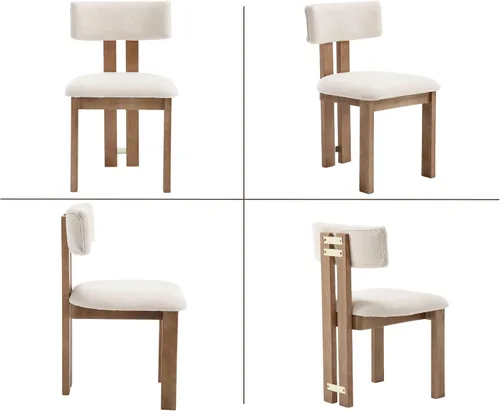 Miniatura 9 de HNY Juego de 4 sillas de comedor modernas de lino, tapizadas de tela beige, con marco de madera natural y respaldo curvado, sillas de madera sin