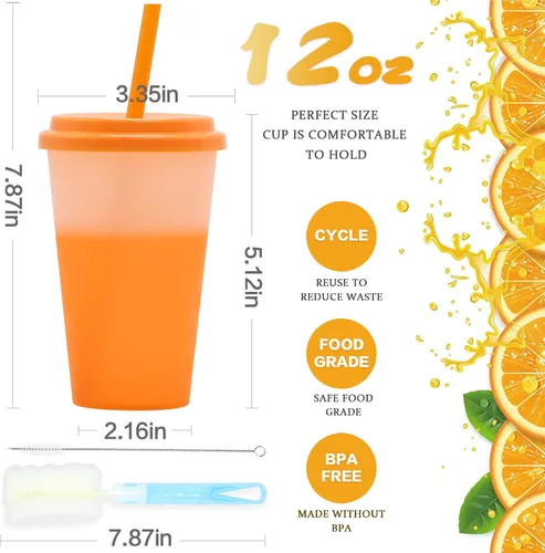 Miniatura 3 de FIEKEICC Vasos que cambian de color, 10 vasos de plástico de 12 onzas con tapas y pajitas para batidos de café helado, vasos reutilizables a prueba