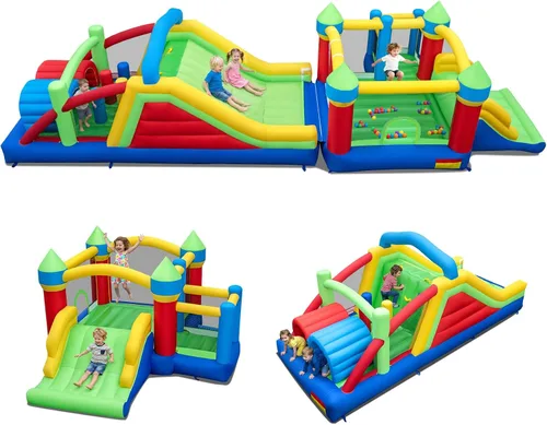 Miniatura 10 de BOUNTECH Casa de rebote inflable con obstáculos, enorme castillo hinchable seccional para niños grandes de 3 a 12 años con toboganes dobles