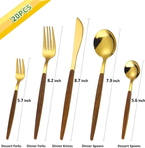 Miniatura 2 de Juego de cubiertos dorados de 20 piezas con tenedor para pastel, juego de cubiertos de acero inoxidable para 4, utensilios de cocina con mango
