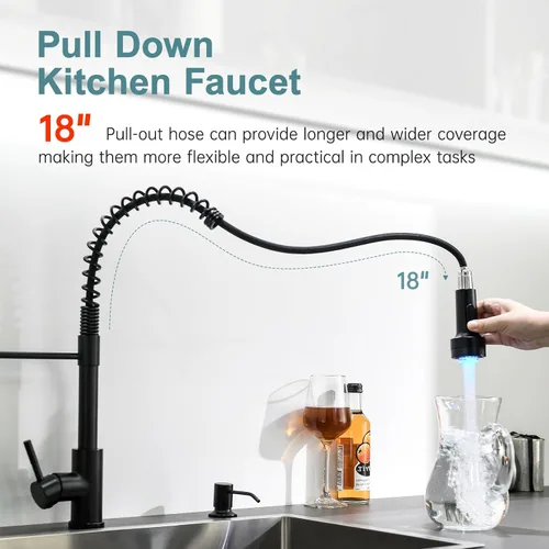 Miniatura 6 de GIMILI Grifo de cocina negro con dispensador de jabón, rociador extraíble de un solo orificio, grifo LED, adecuado para casas de campo, RV, Negro