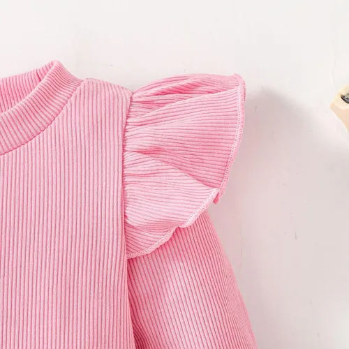 Miniatura 4 de OPAWO Camisetas de manga larga y corta con volantes para niña, blusa acanalada para niña, ropa para bebé, paquete de 2 unidades de 1 a 6 años