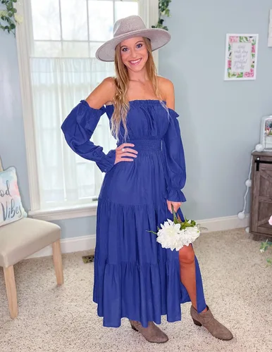 Miniatura 116 de ZESICA - Vestido largo, bohemio y sexy, con hombros descubiertos y manga larga fruncida, con elástico fruncido, cintura alta y abertura lateral