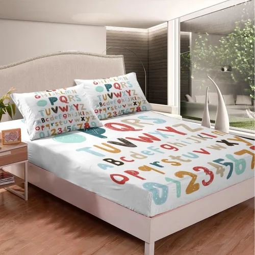 Miniatura 2 de Erosebridal Juego de ropa de cama con diseño del alfabeto para niños, bolsillo profundo, sábana bajera ajustable con patrón digital para niños