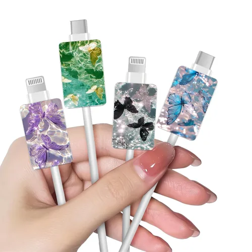 Miniatura 10 de CameCosy Juego de 4 protectores de cable de frutas para cargador de iPhone, diseño Kawaii de aguacate rosa, fresa, cereza y melocotón, protector