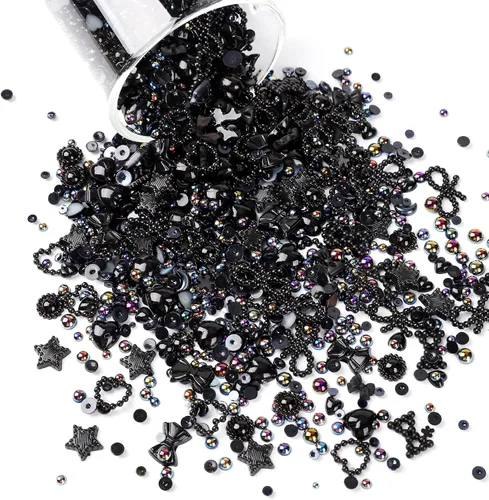 Miniatura 3 de 450 piezas de dijes de uñas de perlas 3D negras de múltiples formas, dijes de perlas planas de COOSLIM, corazones, moños, estilos mixtos, estrellas