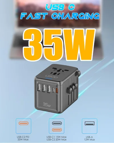 Miniatura 2 de Adaptador de viaje universal, carga rápida PD de 35 W y 2 USB C 3 USB A y salida de CA de 2500 W, adaptador de corriente internacional para Europa