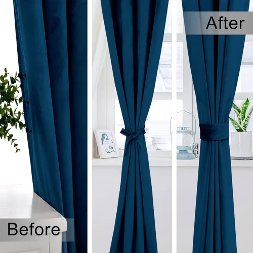 Miniatura 2 de XWZO Cortinas de terciopelo azul de 63 pulgadas de largo, elegantes cortinas de lujo suaves para sala de estar, aislamiento térmico, oscurecimiento