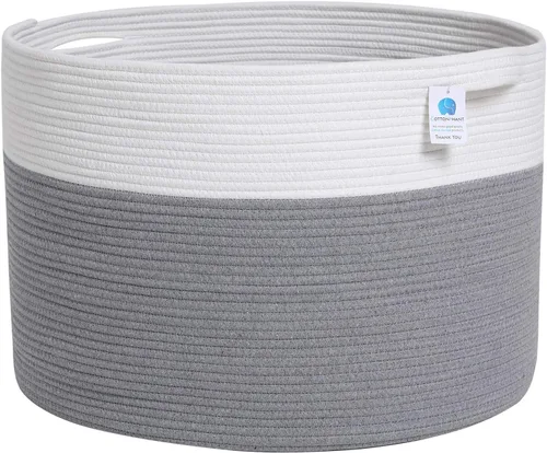 Cesta grande de cuerda de algodón de tamaño máximo de 24 x 24 x 17 pulgadas, cesta de almacenamiento extragrande, cesta de lavandería tejida, Gris