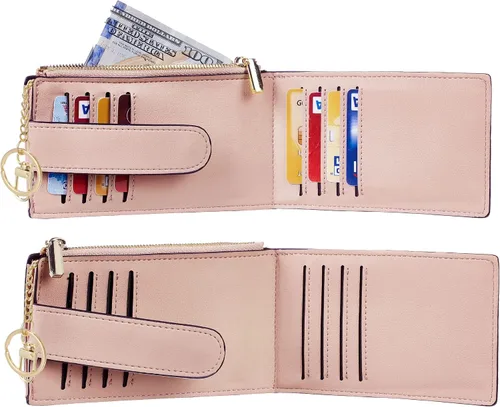 Miniatura 4 de Chelmon Billetera delgada con bloqueo RFID para mujer, con bolsillo con cremallera, Rosa Champán, Minimalista