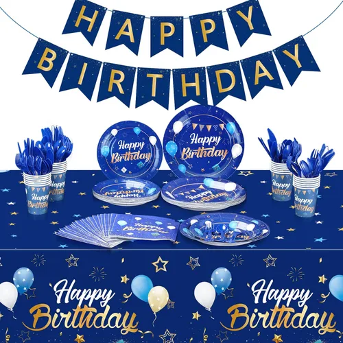 Pajean Juego de vajilla azul y dorado para fiesta de cumpleaños, decoración de cumpleaños azul marino para hombres, pancartas y manteles, platos,