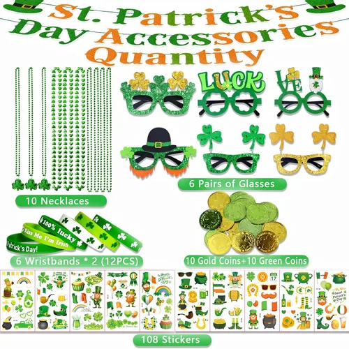 Miniatura 2 de Juego de 156 accesorios para el día de San Patricio, vasos de trébol de 6.8 pulgadas, collares de cuentas de 34 pulgadas, pulseras de goma, monedas