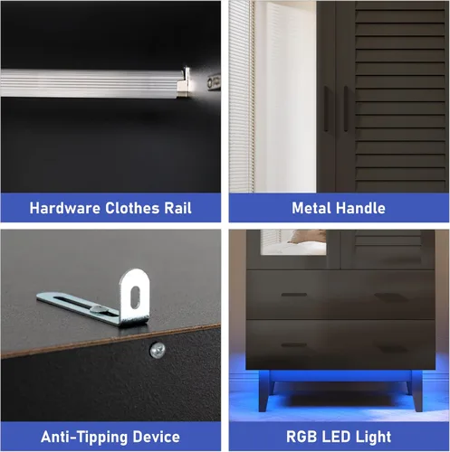 Miniatura 3 de Hlivelood Armario Ropero Closet de 2 Puertas con Espejo, Cajones y Luces LED, Estantes de Múltiples Niveles, Barra Colgante y 2 Puertas de Persiana