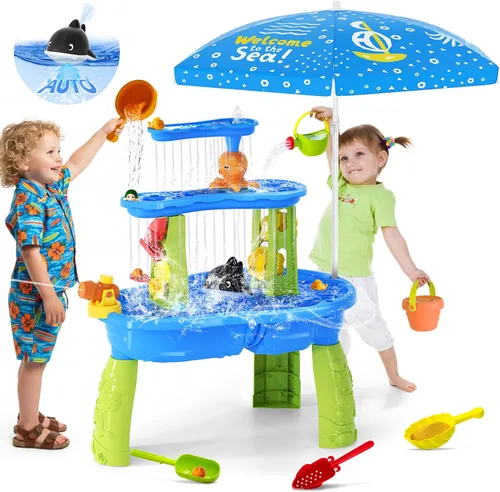 Miniatura 9 de Juguetes de mesa de agua de arena 2026 para niños pequeños de 1-3, 3-5 años con paraguas, juguete de mesas de agua al aire libre para niños de 3 Rosa