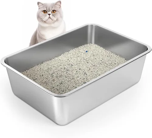 Miniatura 8 de WENBOKMIN Caja de arena para gatos de acero inoxidable, caja de arena poco profunda de 4 pulgadas para gatos y gatitos mayores, bandeja de arena