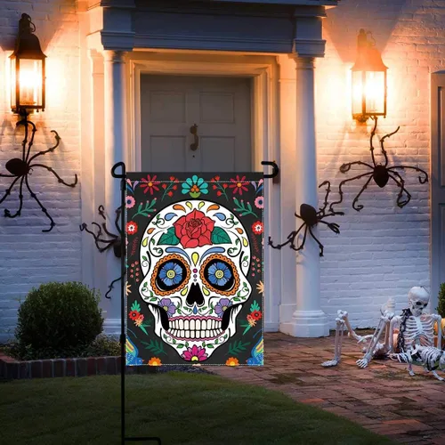 Miniatura 4 de Allenjoy Bandera de Día de los Muertos para exteriores, vertical, mexicana, fiesta, casa, césped, patio, porche, patio, decoración al aire libre, 12
