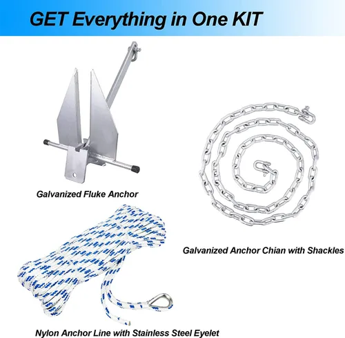 Miniatura 2 de Young Marine El kit de anclaje galvanizado estilo Fluke incluye anclaje galvanizado Fluke, cuerda, grilletes, cadena de 8 libras, 10 libras, 13