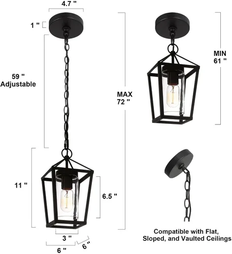 Miniatura 5 de classy leaves Lámpara colgante al aire libre para porche, luz colgante negra con vidrio transparente, moderna jaula de metal de granja, cadena