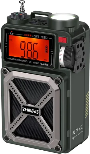 ZHIWHIS Radio de onda corta con Bluetooth, radios de emergencia meteorológica AM/FM/SW/NOAA, manivela/solar/4000mAh/SOS/ruido