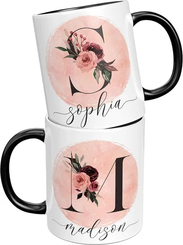 Miniatura 2 de Taza de café personalizada con letra inicial de nombre, doble cara, color negro, de 11 o 15 onzas, taza de cerámica personalizada, regalos