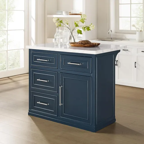 Miniatura 2 de Crosley Furniture Cutler - Isla de cocina con parte superior de mármol sintético con almacenamiento, barra de desayuno, soporte para microondas