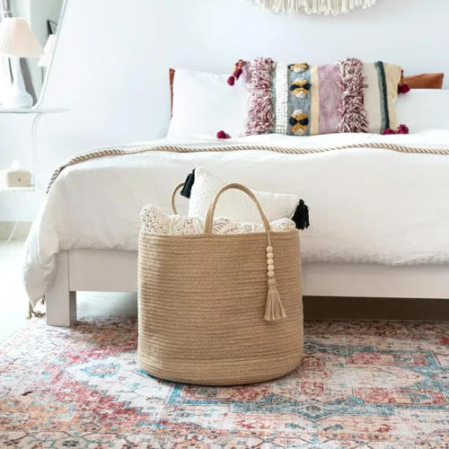Miniatura 5 de Mkono Cesta Alta de Mimbre para Ropa Sucia Cesta de Almacenamiento Tejida Cesta Decorativa de Cuerda Natural Decoración de Cuentas de Madera