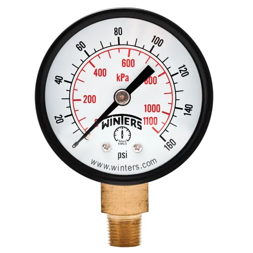 Miniatura 5 de Winters - Medidor de presión en seco de utilidad económica, interior de latón, caja de acero negro, escala doble 0-200 psi/kPa, 3-2-3% de precisión