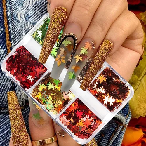 Miniatura 22 de Lentejuelas de uñas con purpurina de otoño, hojas de arce, copos de purpurina holográfica, hojas de arce holográficas, purpurina para uñas, diseño