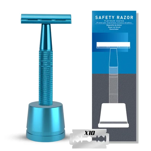 Miniatura 15 de Maquinilla de afeitar de seguridad azul, navajas de una sola hoja para hombres Reusable Metal Razor, with 10 Platinum Coated Double Edge Blades