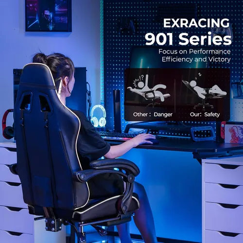 Miniatura 7 de EXRACING Silla ergonómica para videojuegos, silla de computadora con reposapiés y soporte lumbar, silla de oficina de cuero con respaldo alto blanco