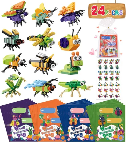 Colplay Paquete de 24 regalos para el día de San Valentín, bloques de construcción de insectos con tarjetas de San Valentín, calcomanías,