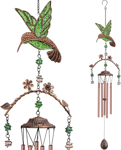 Campanillas de viento - Campanillas de viento verdes en forma de colibrí para exteriores, tono profundo de 34 pulgadas, 5 tubos de aluminio, regalos