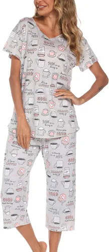 Miniatura 2 de ENJOYNIGHT Conjunto de pijama de algodón para mujer, parte superior de manga corta y pantalones capri, ropa de dormir de 2 piezas