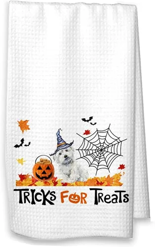 Miniatura 5 de Trucos para golosinas Maltés Halloween Cocina Waffle Toalla Maltesa Decoración de Otoño (Toalla blanca, Maltés con nombre)