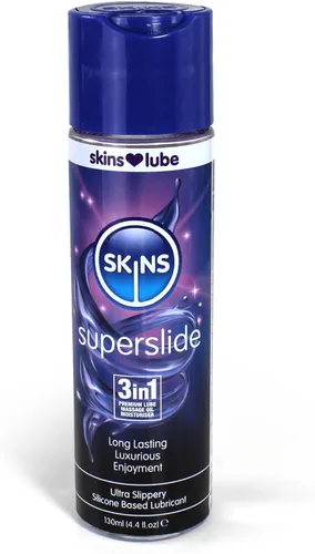 Skins Skins Super Slide 3 en 1 Premium - Lubricante a base de silicona segura de látex de larga duración con tecnología Reaquav8 4.4 onzas líquidas