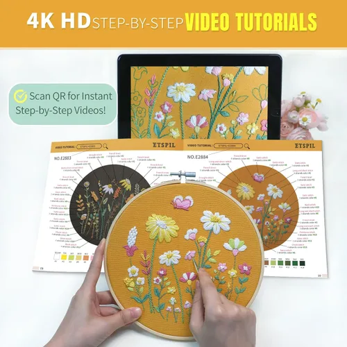 Miniatura 4 de ETSPIL Kit de bordado para adultos y adolescentes, paquete de 4 muestrarios florales, 2 aros ajustables, tela preimpresa, 17 hilos vibrantes, 16