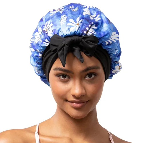 Miniatura 9 de Gorro de satén de seda con banda de amarre para dormir, para mujeres de cabello rizado: gorro de noche para cabello liso, ondulado, ensortijado, Rosa