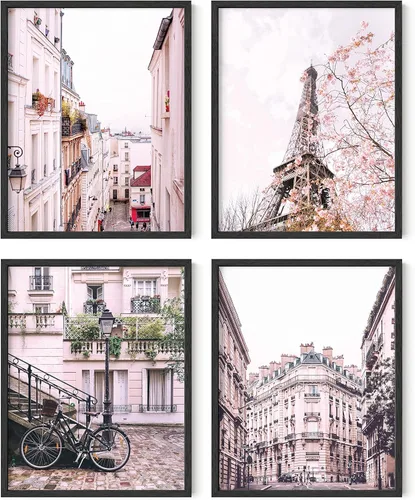Miniatura 12 de HAUS AND HUES París - Juego de 4 pósteres de pared (rosa, 11 x 14), marco beige, decoración de dormitorio para niñas