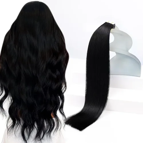 Sunny Hair - Extensiones de cabello humano real para mujer, con cinta adhesiva invisible, Remy, color negro azabache, 12 pulgadas, 20 piezas