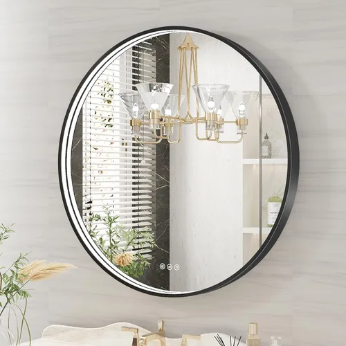 Miniatura 33 de Espejo de baño LED de 24x32 pulgadas con luces, espejo LED con marco de metal negro para baño, 3 colores y luz regulable sin escalones montada