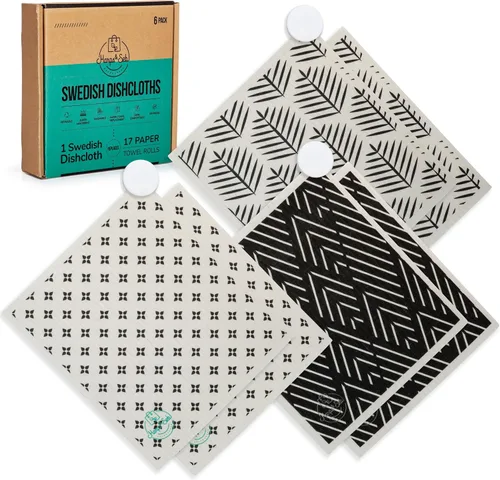 Harps&Seb Paños de cocina suecos para cocina - Paquete de 6, toallas de papel reutilizables con clips, súper absorbentes, lavables, que no rayan,