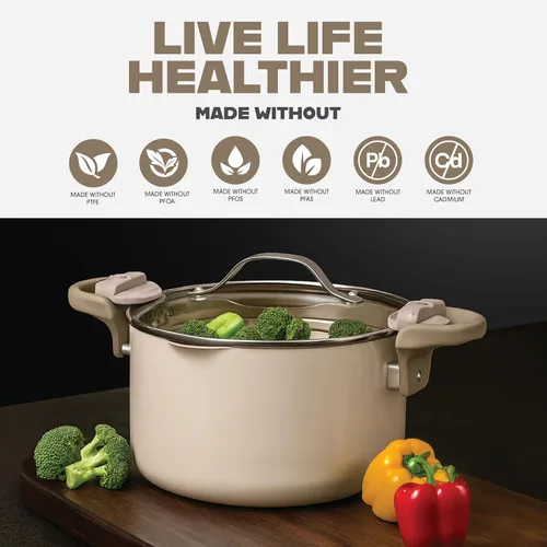 Miniatura 4 de GOTHAM STEEL Olla de Caldo de Cerámica de 5 Qt Olla de Pasta Multiusos con Tapa de Colador y Asas de Giro y Bloqueo, Olla de Cerámica Antiadherente