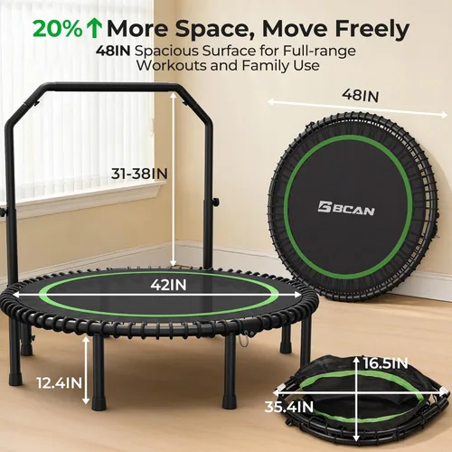 Miniatura 9 de BCAN BT2 - Mini trampolín de rebote de 450/550 libras para adultos con barra, trampolín de fitness con cuerdas elásticas, mango ajustable, estable
